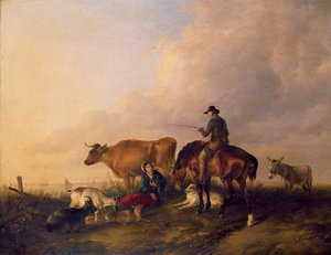 Paisaje costero con figuras y animales